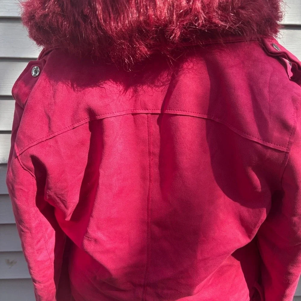 Pink Faux Suede Moto Jacket with Faux Fur Collar‎ Medium Baddy - Picture 7 of 13